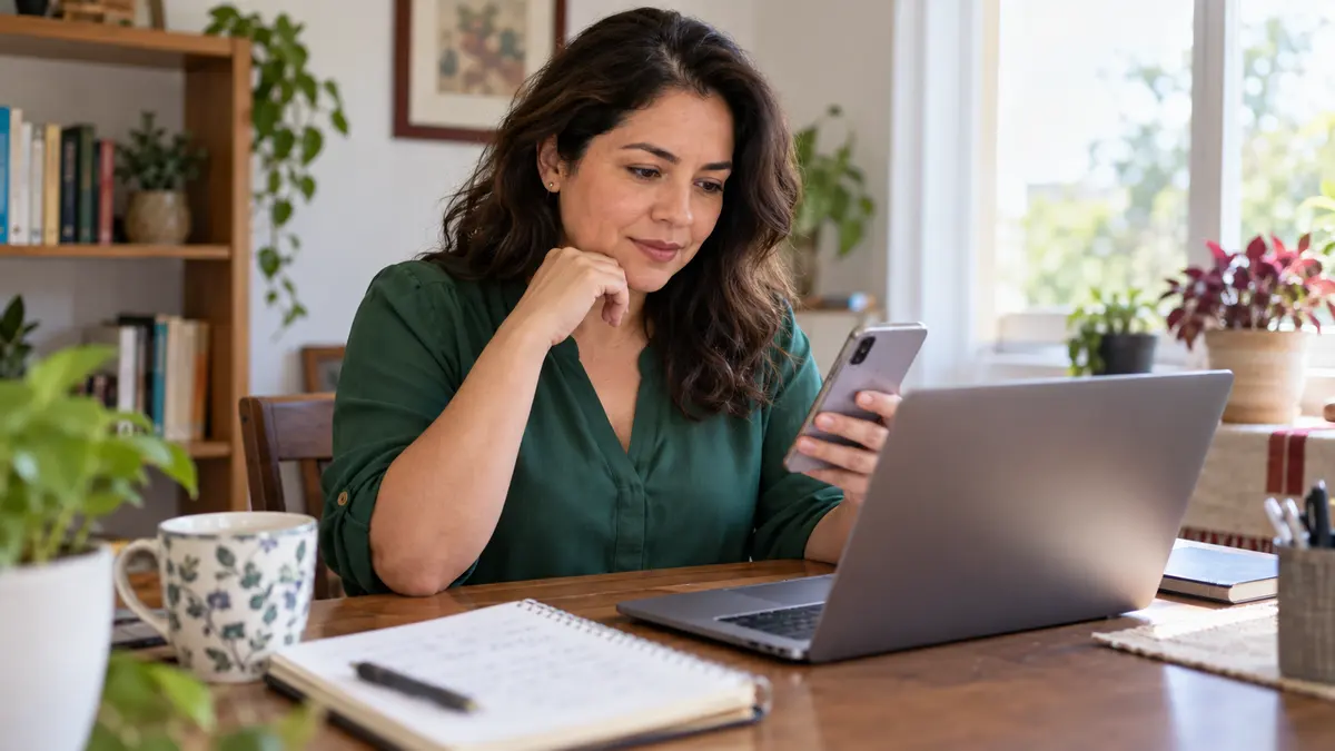 Mujer que consulta su teléfono y su computadora para revisar un acceso digital.