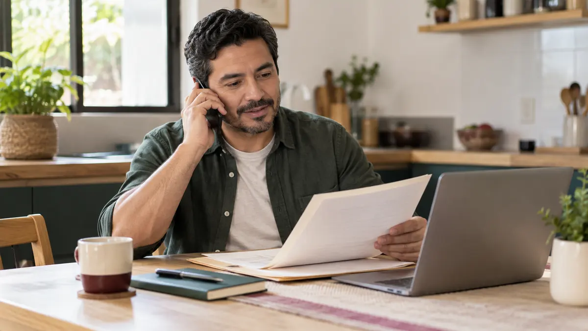Hombre que consulta por teléfono mientras revisa una carpeta personal.