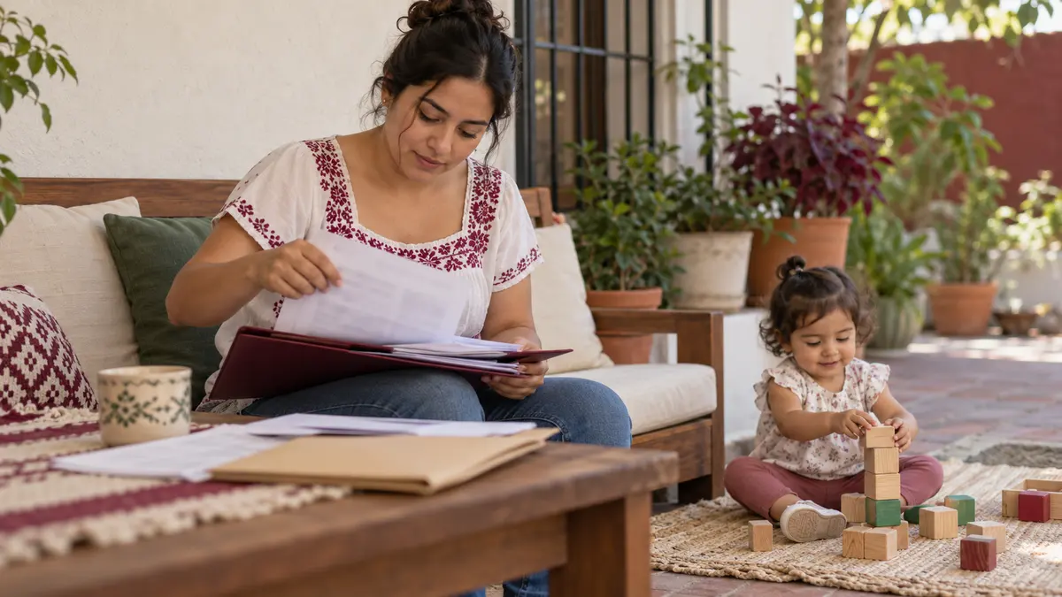 Madre que organiza documentos mientras su hijo pequeño juega a su lado.