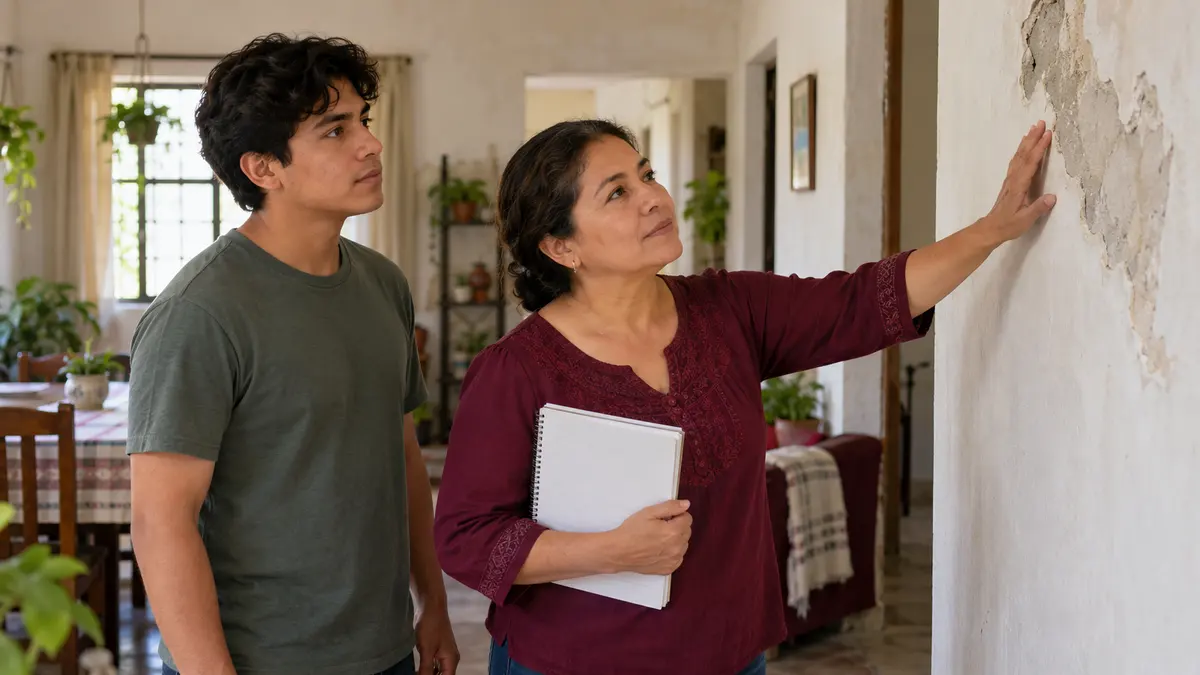 Mujer que revisa una pared de su vivienda y toma notas sobre una reparación.