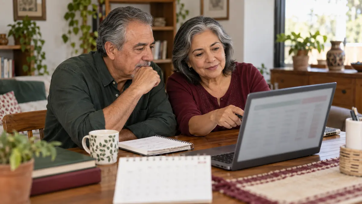 Pareja mayor que revisa una computadora y organiza información para su retiro.