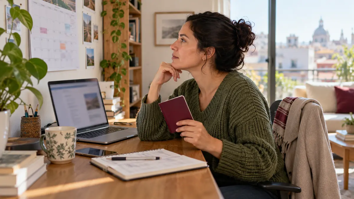 Mujer que revisa su agenda junto a una computadora y un cuadernillo de viaje cerrado.