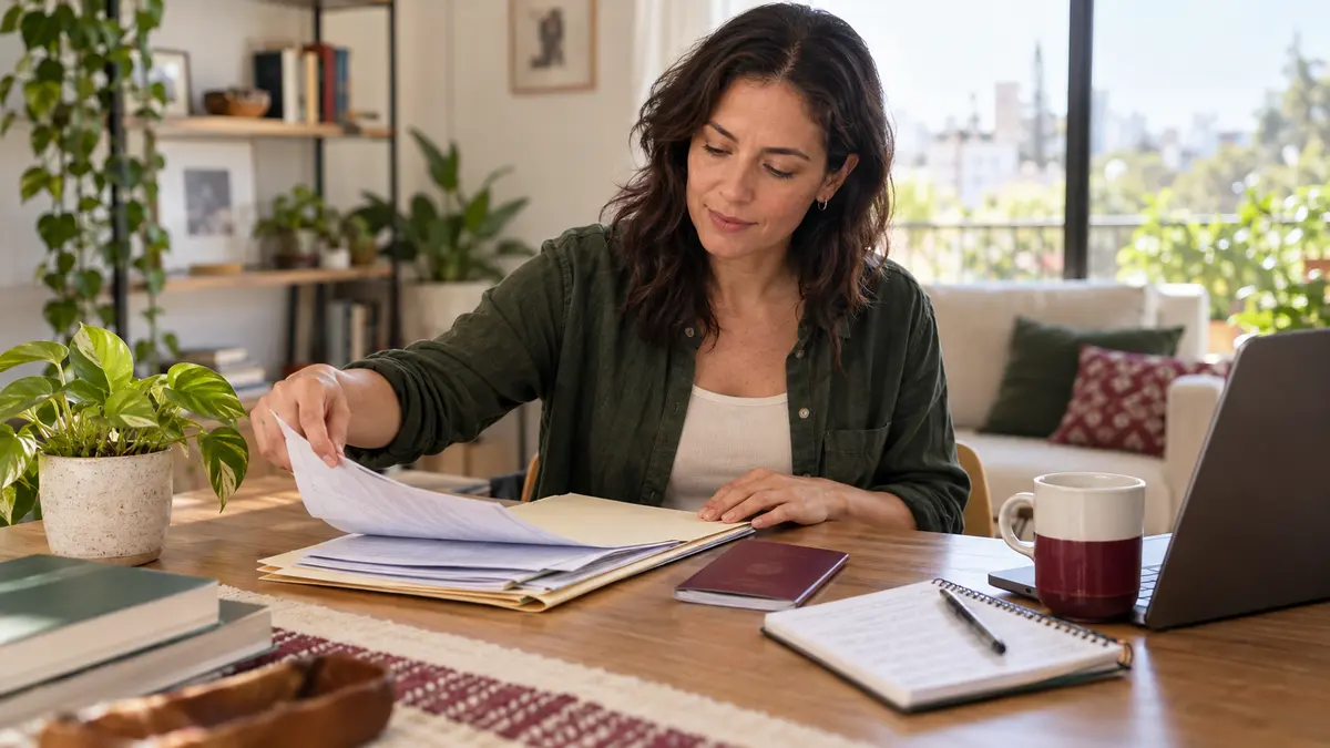 Persona que organiza documentos de residencia y una libreta de estudio en su escritorio.