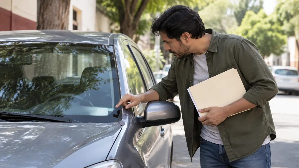 Persona que revisa una esquina del parabrisas de un automóvil con una carpeta en la mano.