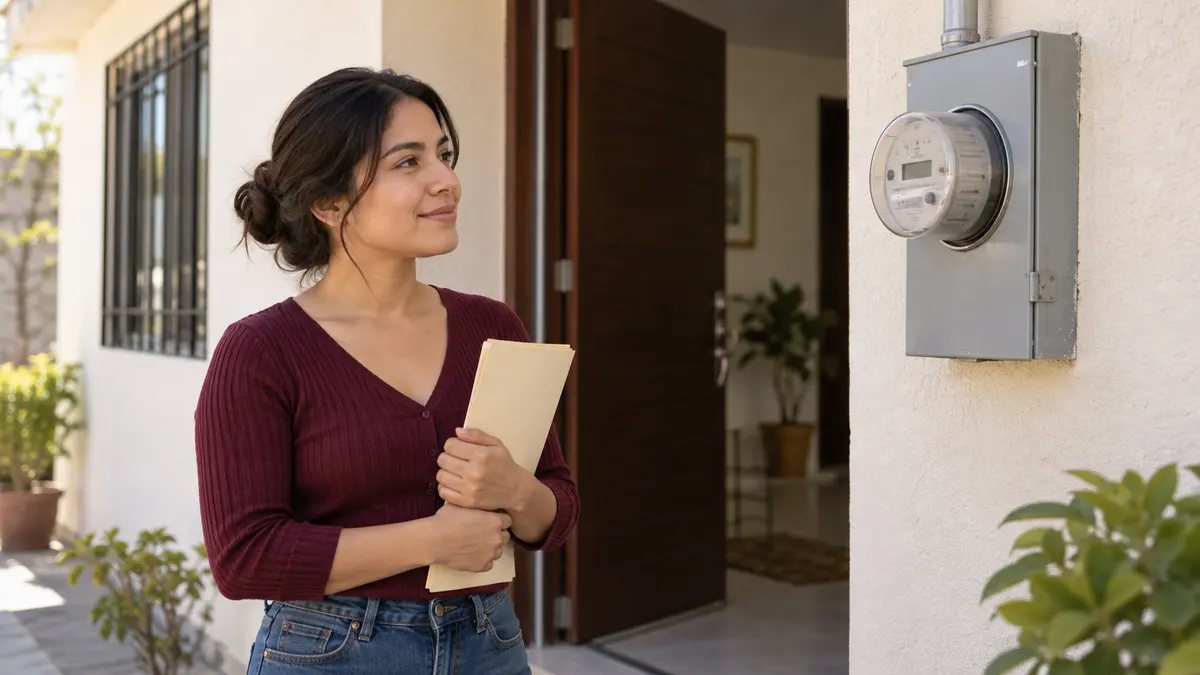Persona que prepara documentos de su casa junto a una caja de medidor cerrada.