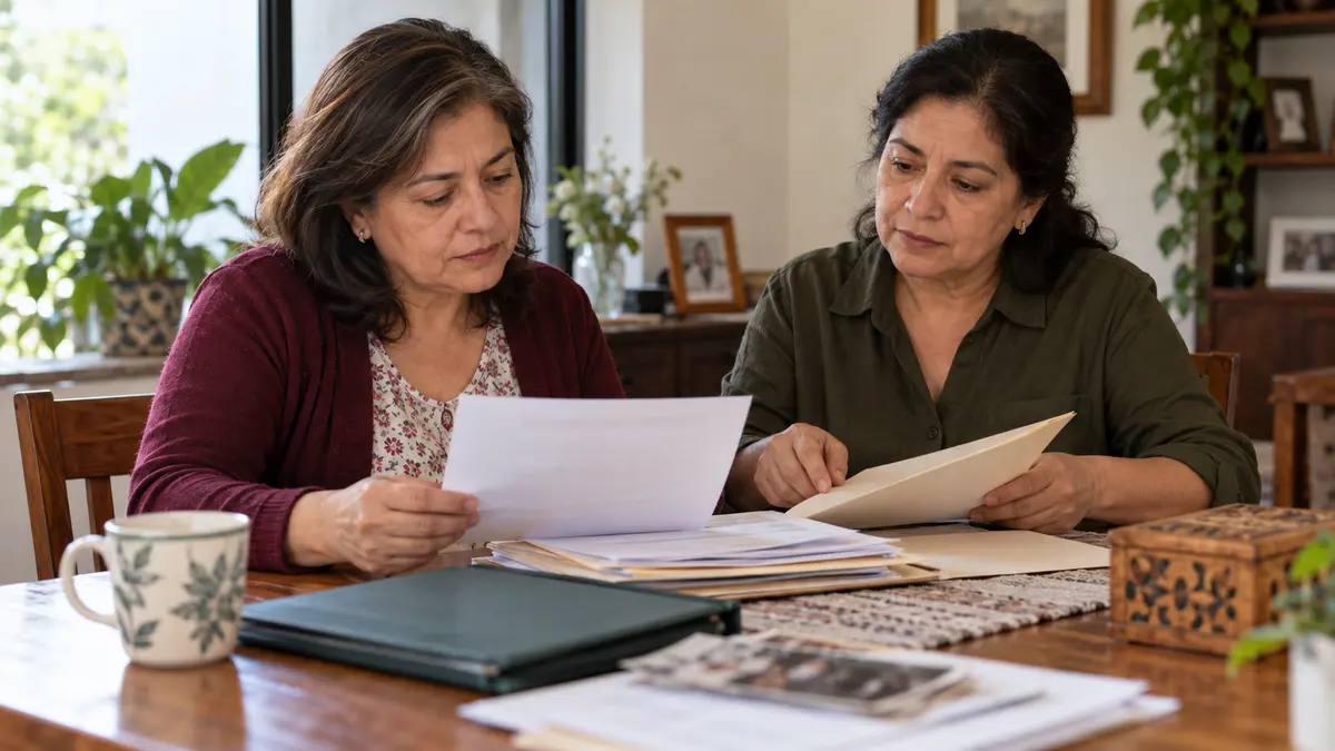 Dos mujeres adultas que ordenan una carpeta familiar en un ambiente tranquilo.
