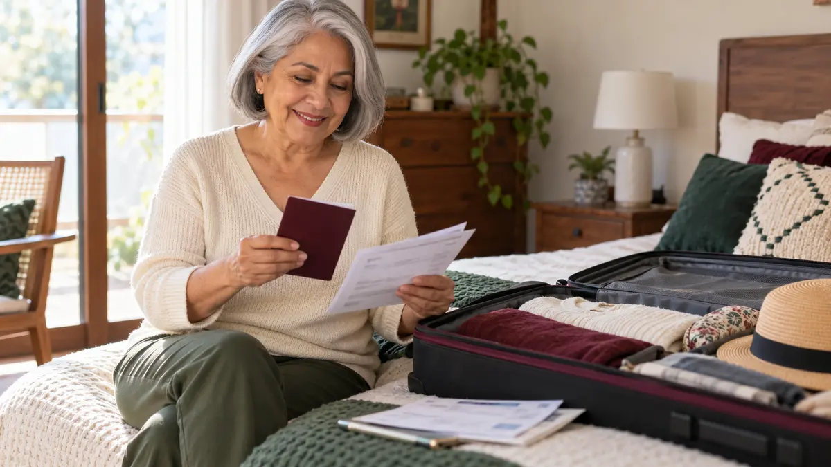 Persona adulta mayor que organiza documentos y equipaje para preparar un trámite de viaje.