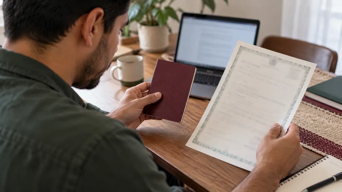 Hombre que compara su documento de viaje con un registro personal.