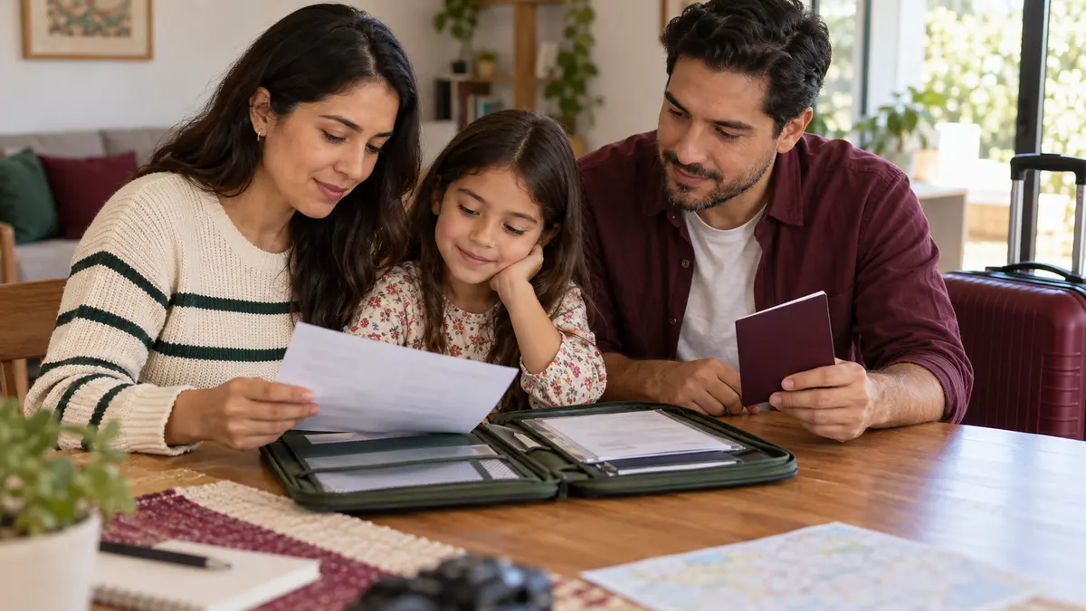Madre, padre e hija que preparan una carpeta y una libreta de viaje en casa.
