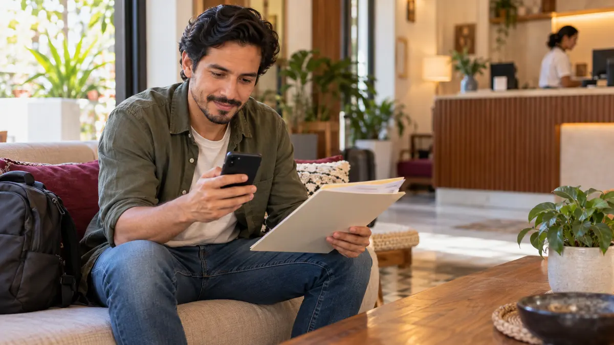 Persona viajera que revisa su teléfono y sus documentos junto a una mochila.