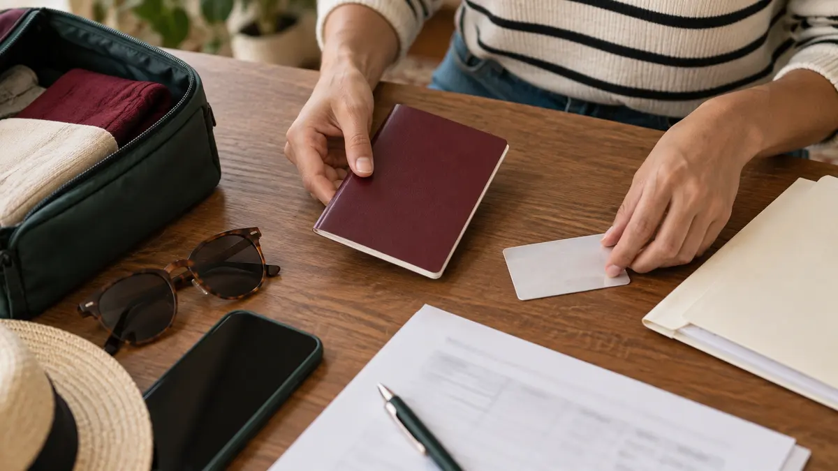 Manos que organizan una carpeta y documentos de viaje junto a una bolsa.