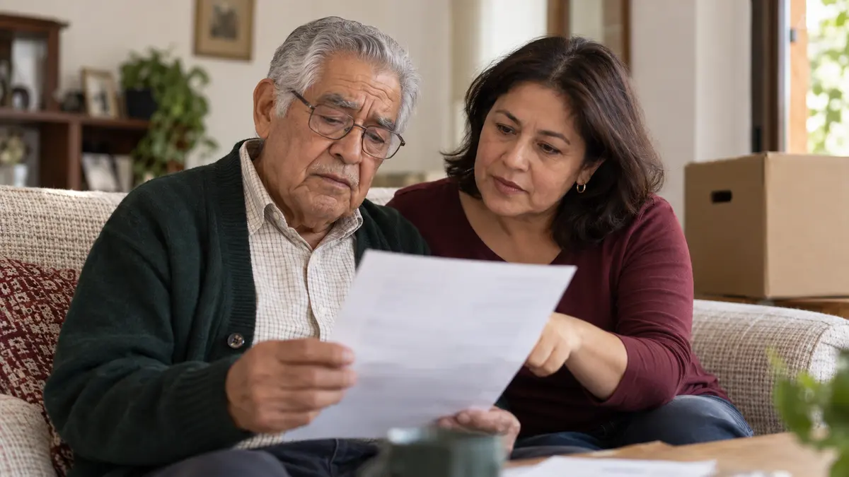 Persona mayor revisa con un familiar su nueva dirección para actualizar el registro de la pensión.