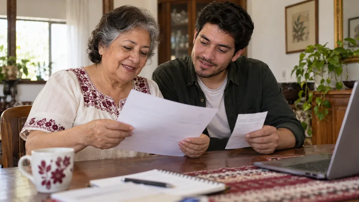 Persona mayor organiza con un familiar sus documentos para consultar el primer registro de Pensión Bienestar.