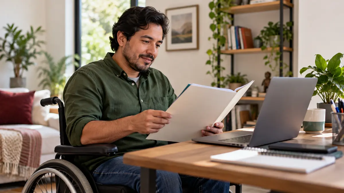 Persona usuaria de silla de ruedas que revisa una carpeta y una computadora en su escritorio.