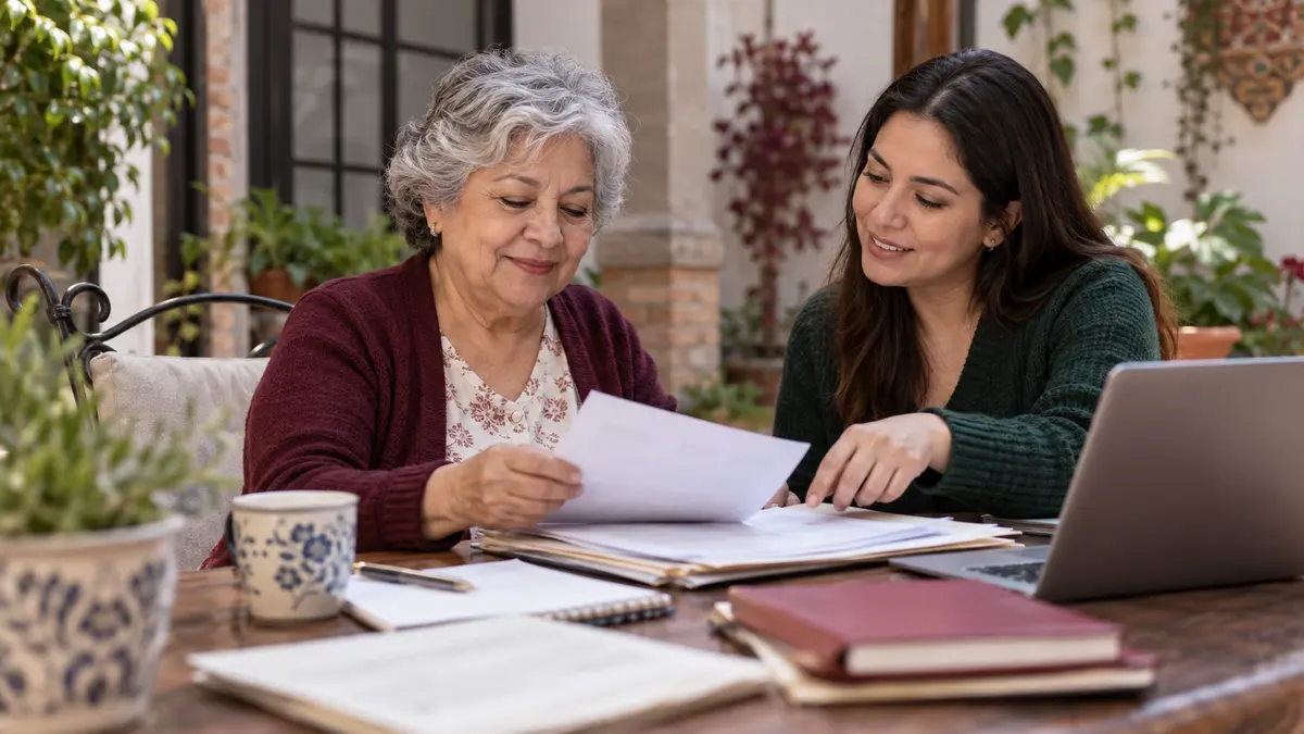 Mujer adulta organiza documentos con un familiar para consultar el registro de Mujeres Bienestar.