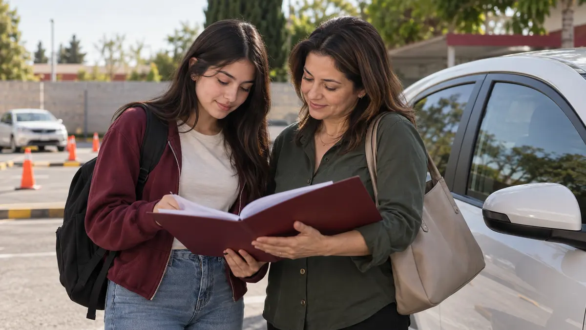 Adolescente y madre organizan documentos junto a un automóvil de práctica estacionado.
