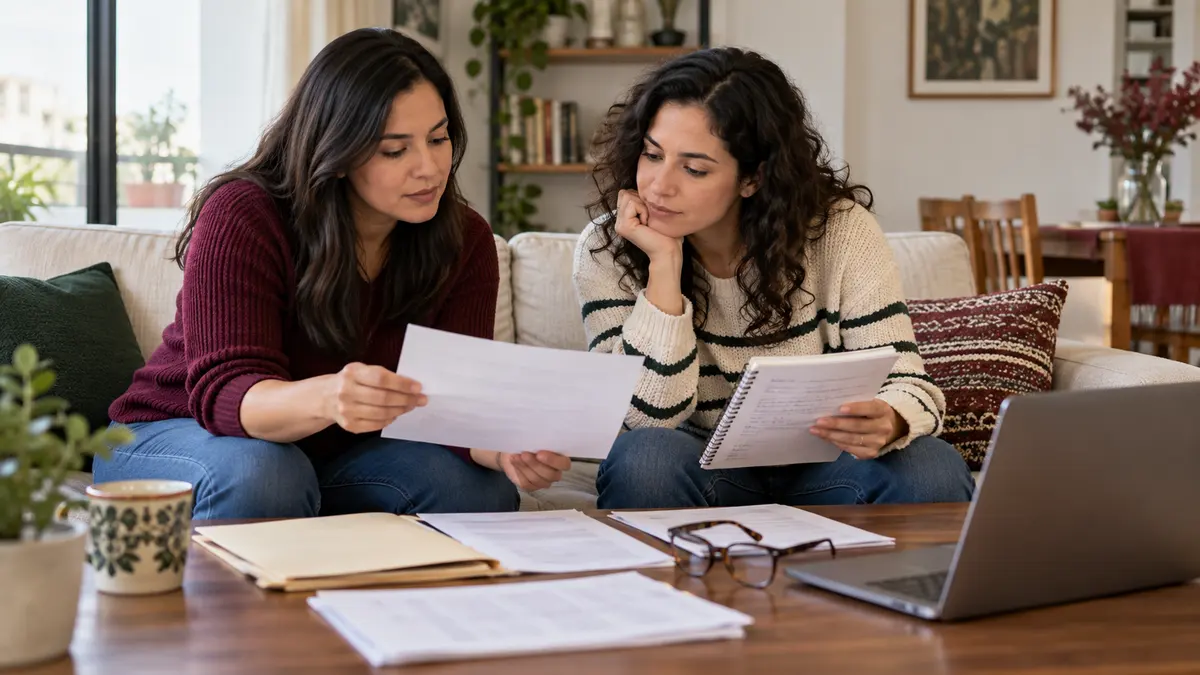Dos mujeres que organizan documentos familiares y una lista sobre una mesa.