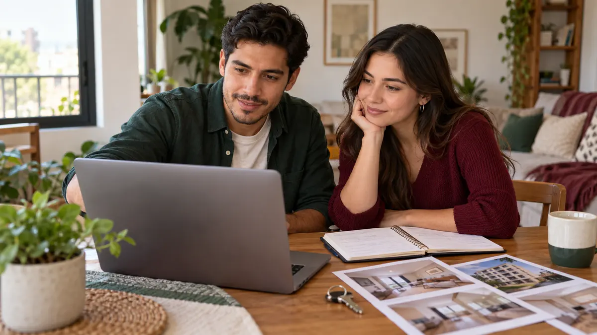 Pareja que revisa su presupuesto y opciones de vivienda junto a una computadora.