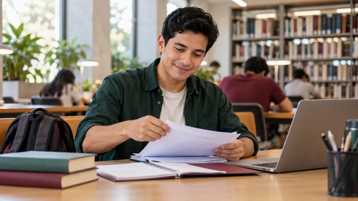 Persona estudiante adulta que organiza documentos y módulos acreditados de bachillerato.