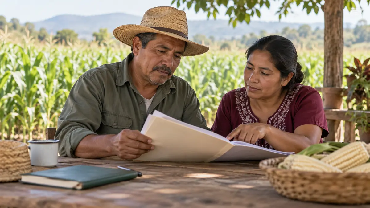 Persona agricultora que revisa documentos con un familiar junto a un campo de maíz.