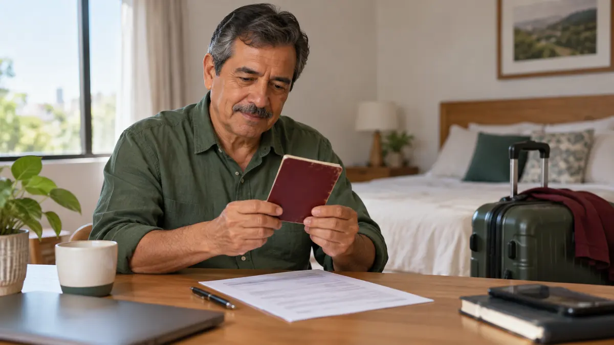 Persona adulta que revisa una libreta de viaje anterior junto a documentos nuevos.