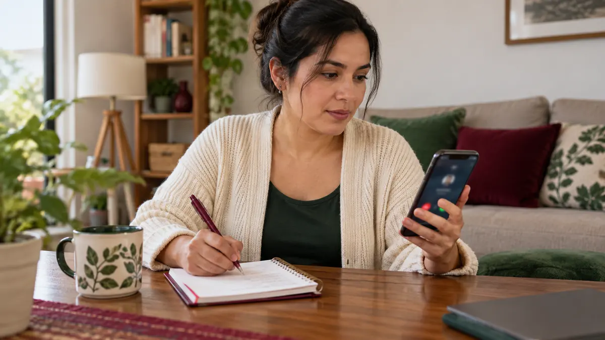 Mujer que anota información de una llamada mientras consulta su teléfono.