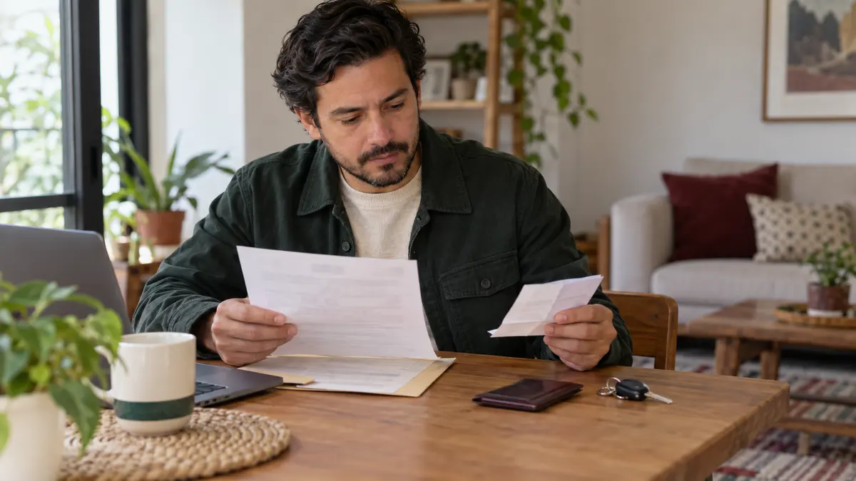 Hombre que prepara documentos y una cita junto a unas llaves de automóvil.