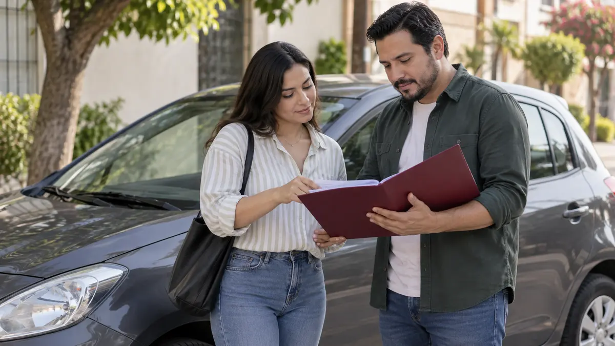 Dos personas que revisan documentos de un automóvil junto al vehículo estacionado.