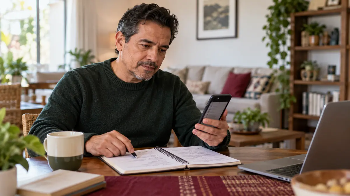 Hombre que revisa el registro de llamadas de su teléfono junto a una libreta.