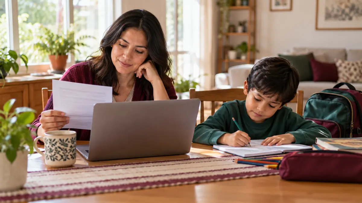 Madre que consulta una computadora mientras su hijo de primaria dibuja a su lado.