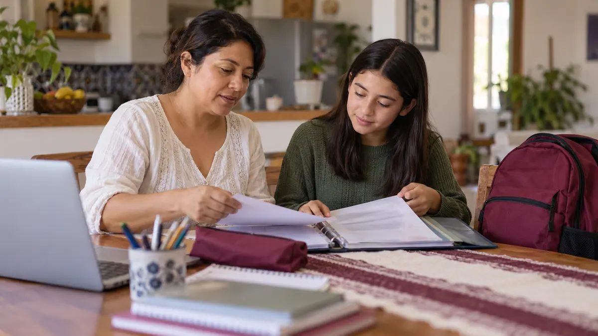 Madre e hija que organizan una carpeta escolar junto a una mochila y una computadora.
