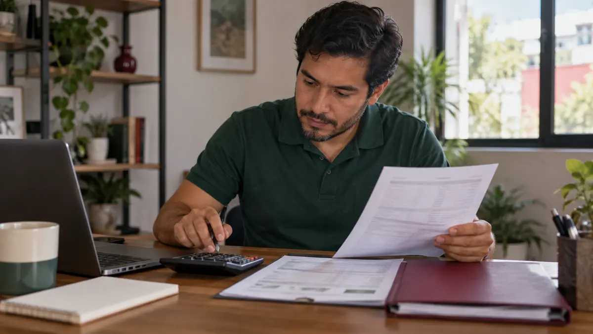 Persona trabajadora que compara su recibo de nómina con un reporte y una calculadora.