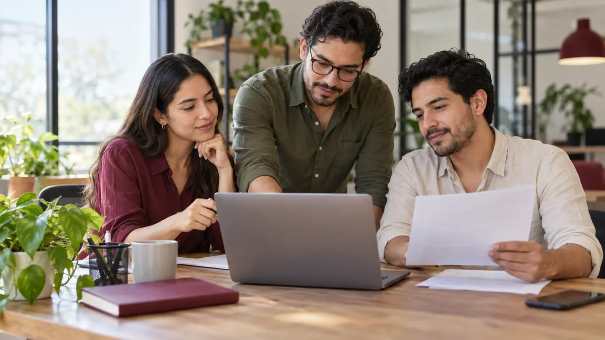 Tres personas emprendedoras que revisan una computadora y documentos de su proyecto.