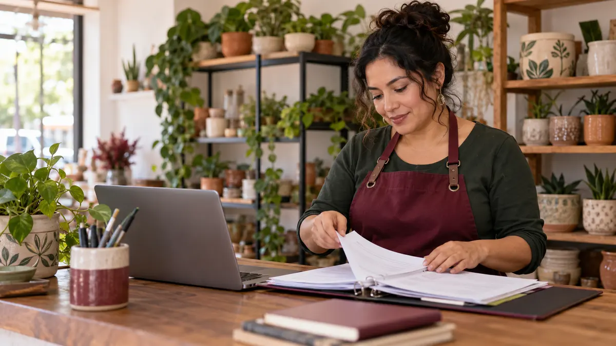 Persona emprendedora que organiza documentos de su local comercial.