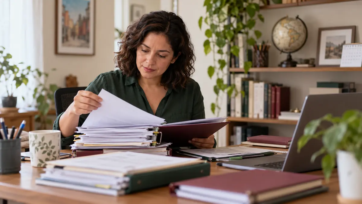 Trabajadora que prepara un archivo de documentos fiscales por periodo.
