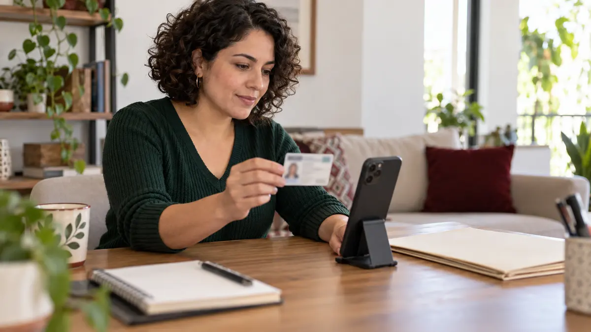 Mujer que prepara su identificación y teléfono para solicitar un documento fiscal desde casa.