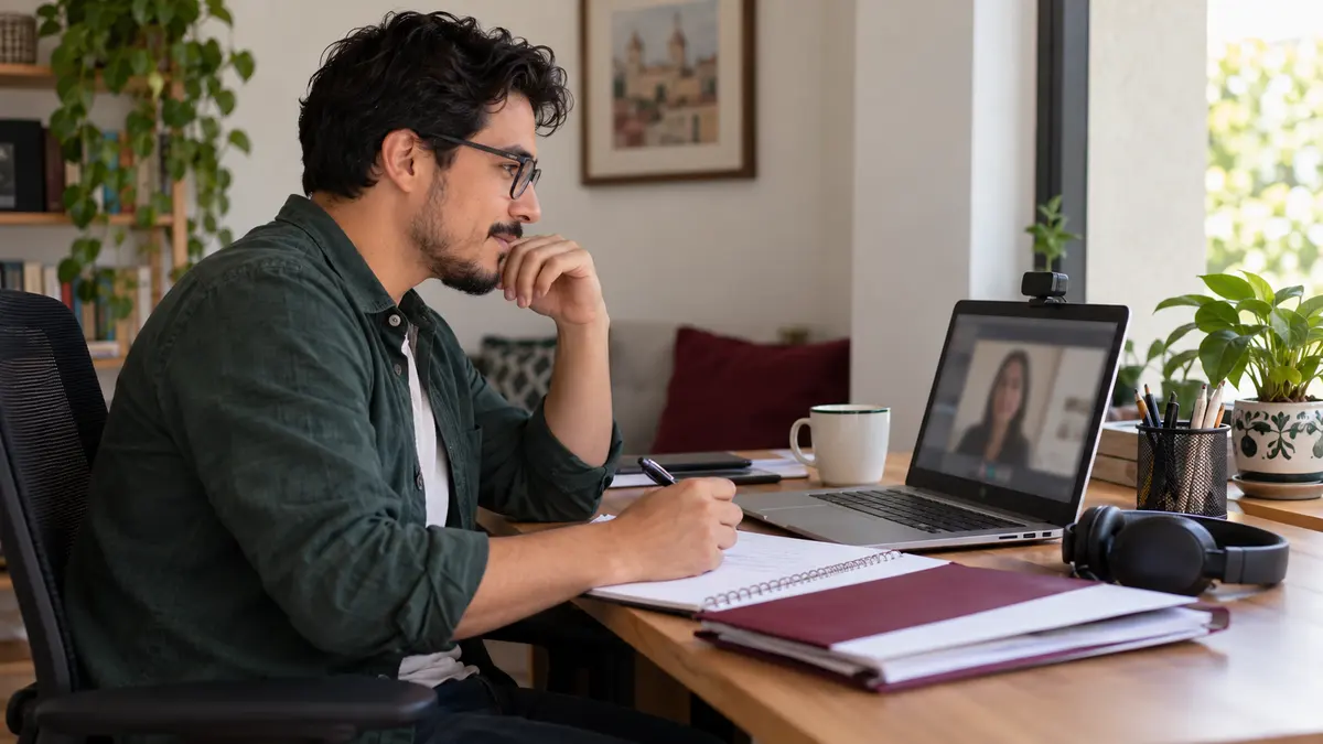 Hombre que prepara una videollamada con su computadora, audífonos y una carpeta.