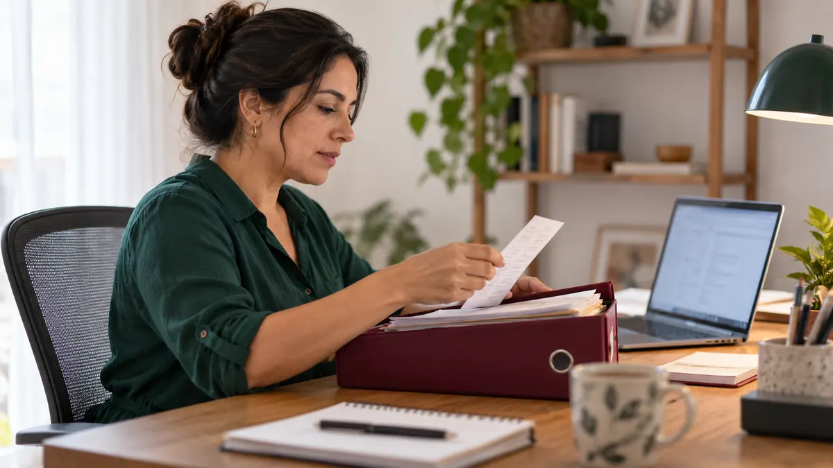 Mujer que organiza el comprobante de una declaración junto a su computadora.