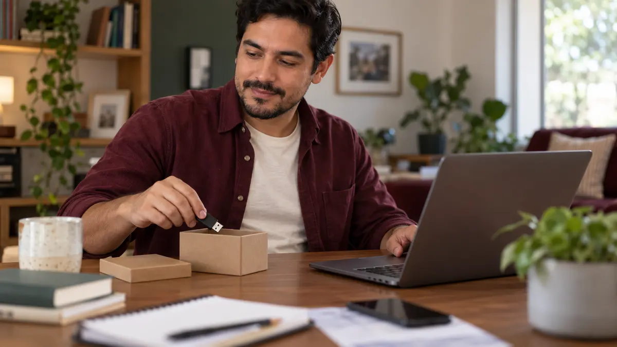 Persona resguarda una memoria USB mientras revisa la revocación de su certificado