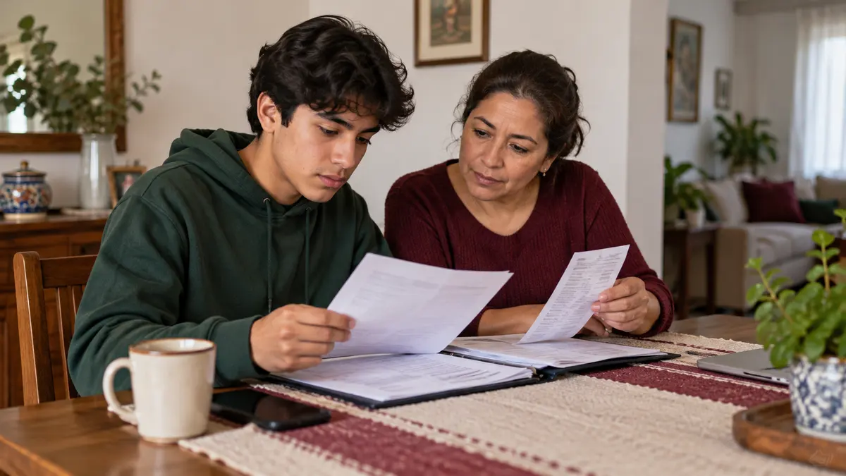 Joven y familiar preparan documentos para consultar la inscripción al RFC por salarios.