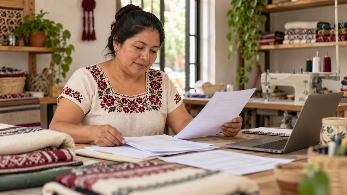 Persona que revisa documentos fiscales y notas en su taller.