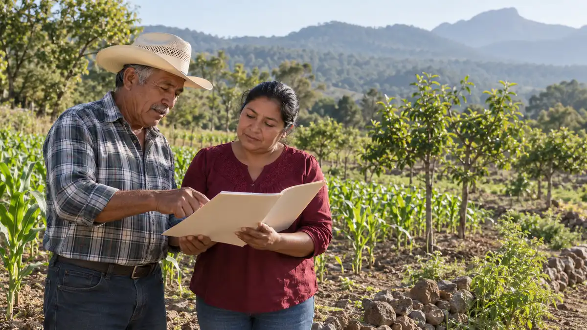 Dos personas que revisan un croquis junto a una parcela con cultivos y árboles jóvenes.