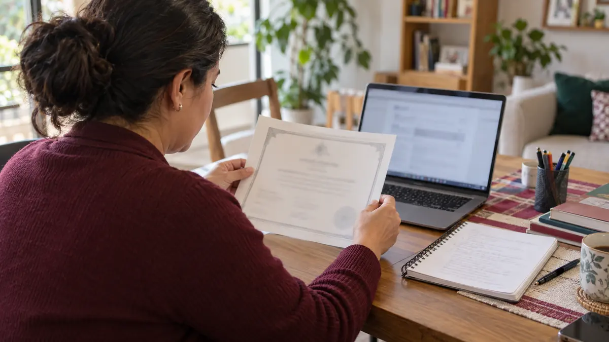 Persona adulta que compara un certificado escolar con la información de su computadora.