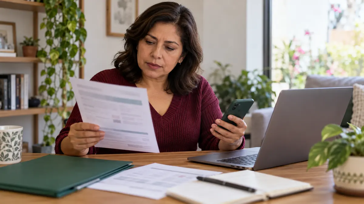 Mujer que contrasta una oferta financiera con su computadora y un mensaje en su teléfono.