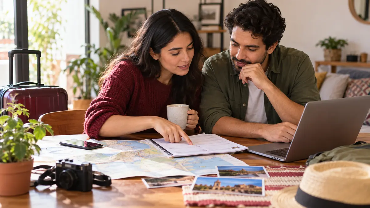 Pareja que organiza su itinerario de viaje con un mapa y una computadora.