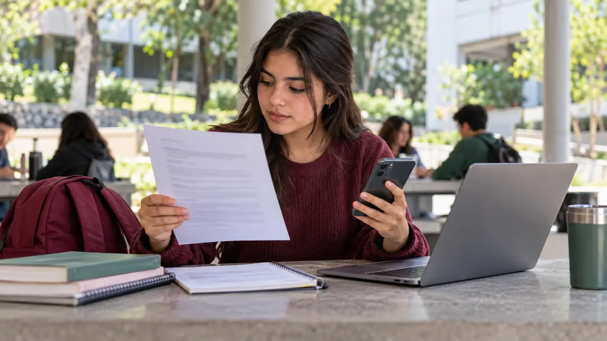 Estudiante que compara una convocatoria impresa con información en su computadora.