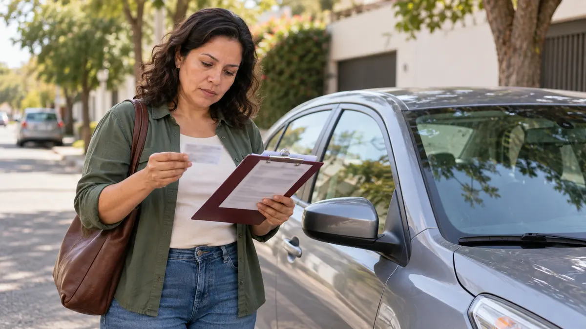 Mujer que compara una tarjeta y un recibo junto a un automóvil estacionado.