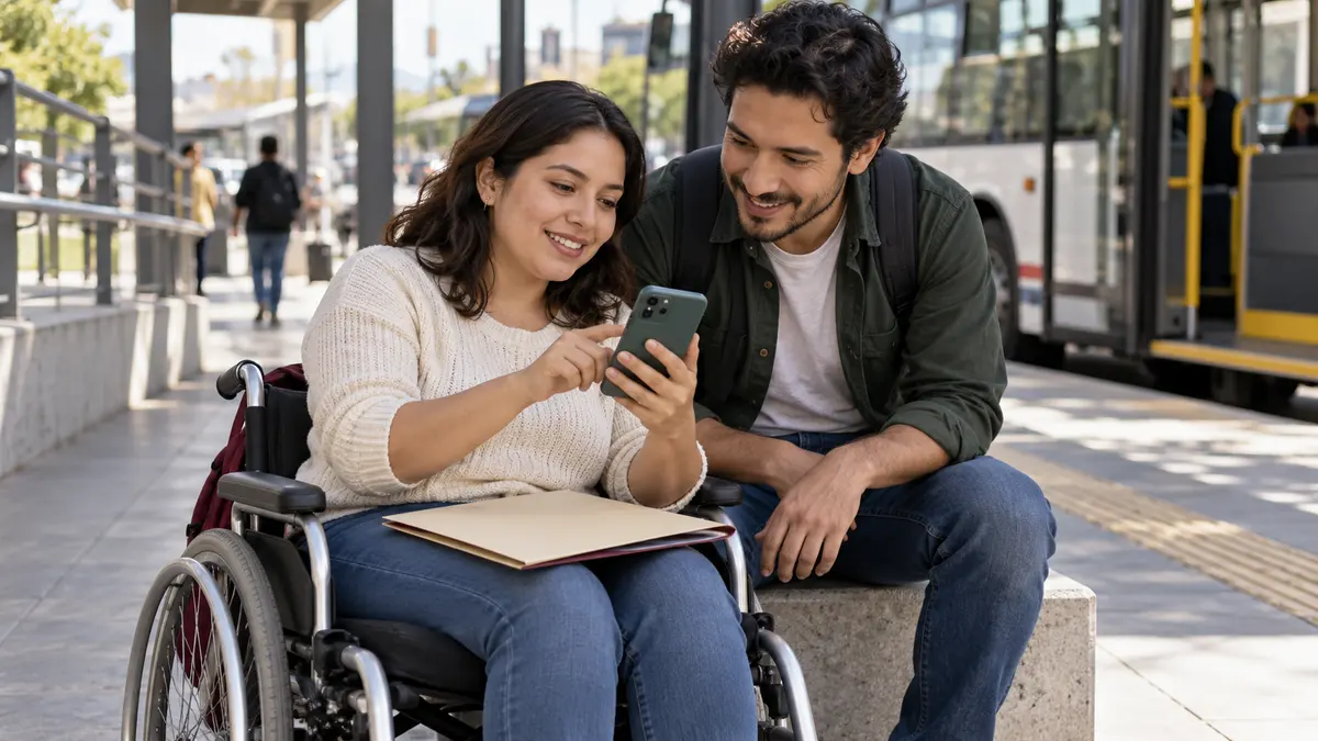 Persona usuaria de silla de ruedas que consulta información de movilidad con un acompañante.