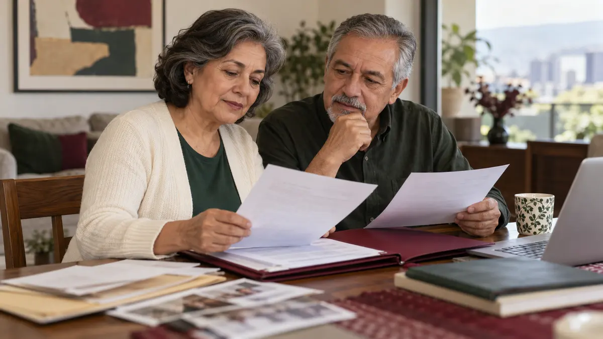 Personas adultas que organizan información familiar antes de una consulta consular.