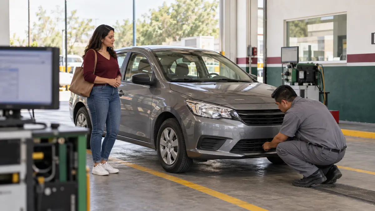Persona que espera junto a un automóvil durante una revisión en un taller.